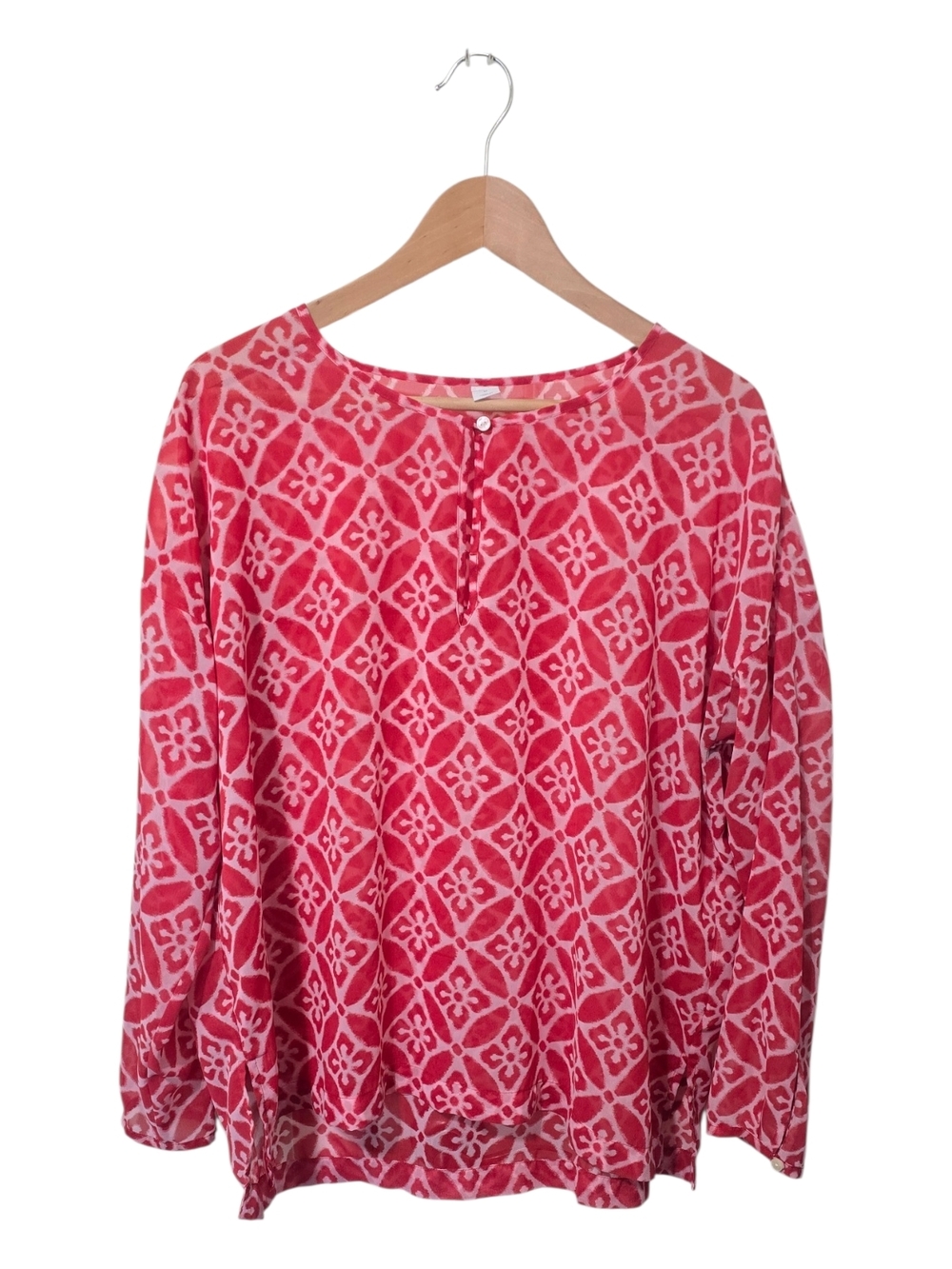 Old Navy Coastal Boho Resortwear Sheer Blouse Coral Print Red White Oversized M